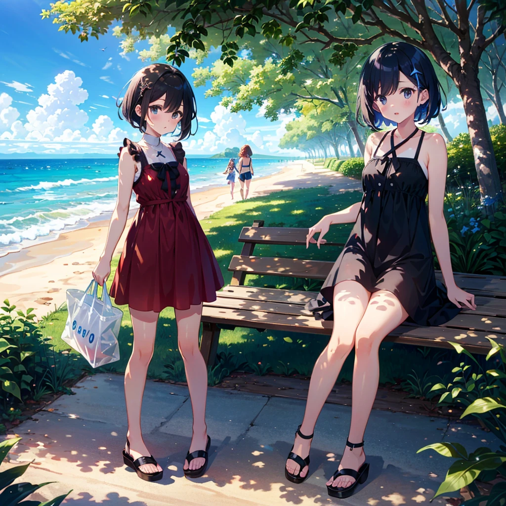 {{{Masterpiece, highest quality, high resolution background}}}, bright and beautiful atmosphere, 3 girls (2 years old, 1 short-tempered round face), 1  (hair, surface effects), small breasts, changing clothes under a tree , Girl taking off her dress, swimsuit under the dress, plastic bag at her feet, wearing beach sandals, , Sandy beach, ``deltamon_sdXL :0.73) >Deltamon''