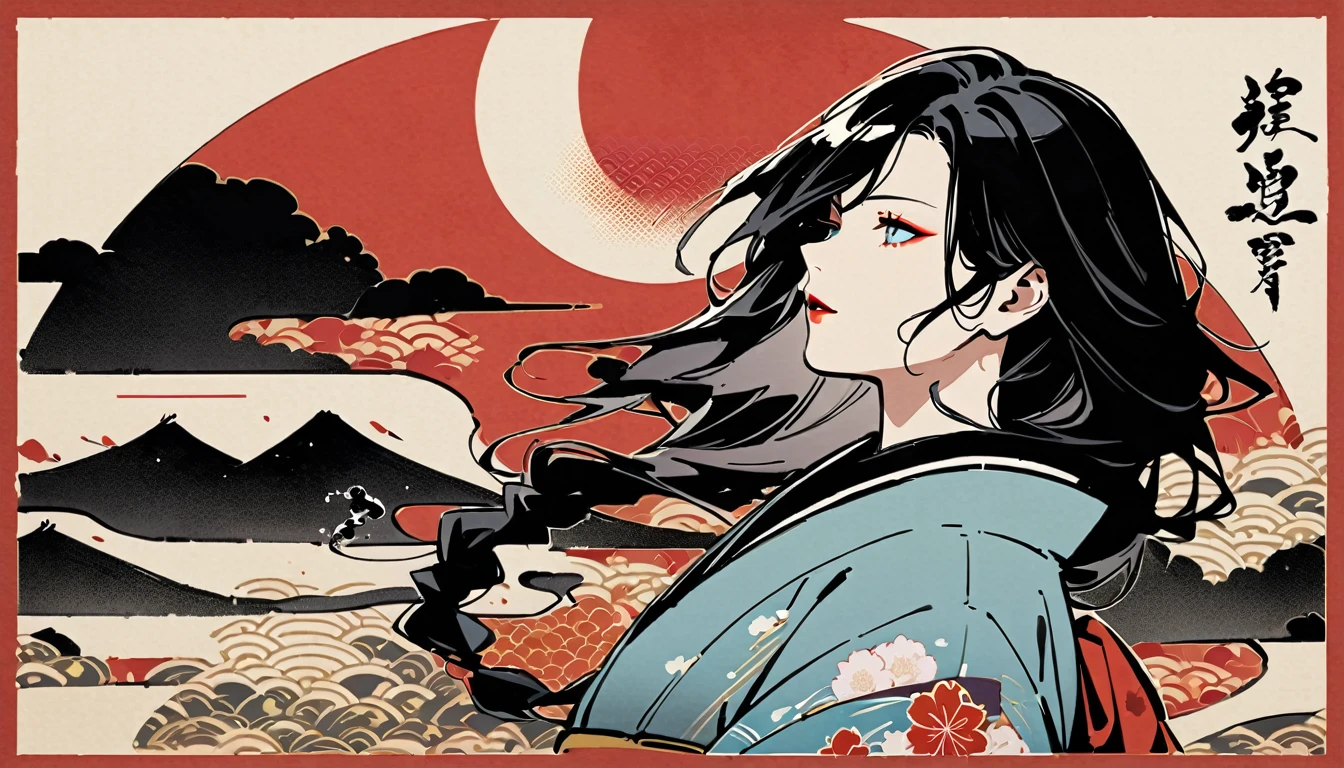 (((Ink Painting))), (((1 girl))), (((Flashy makeup))), (((Japan人女性))), (((warrior))), (((Izanami))), 顔の前でJapan刀を持つ, Black Hair, Delicate and precise, Modern ukiyo-e style,Japan, Japanese flag