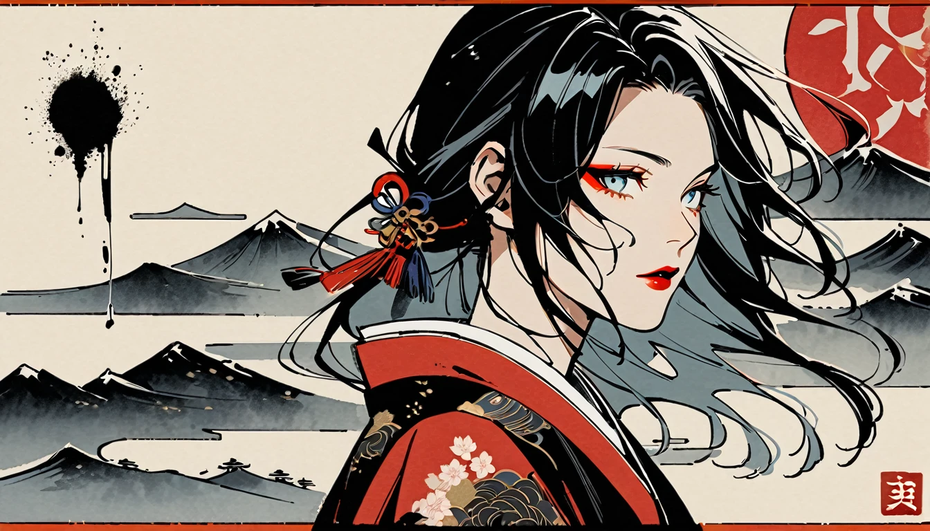 (((Ink Painting))), (((1 girl))), (((Flashy makeup))), (((Japan人女性))), (((warrior))), (((Izanami))), 顔の前でJapan刀を持つ, Black Hair, Delicate and precise, Modern ukiyo-e style,Japan, Japanese flag