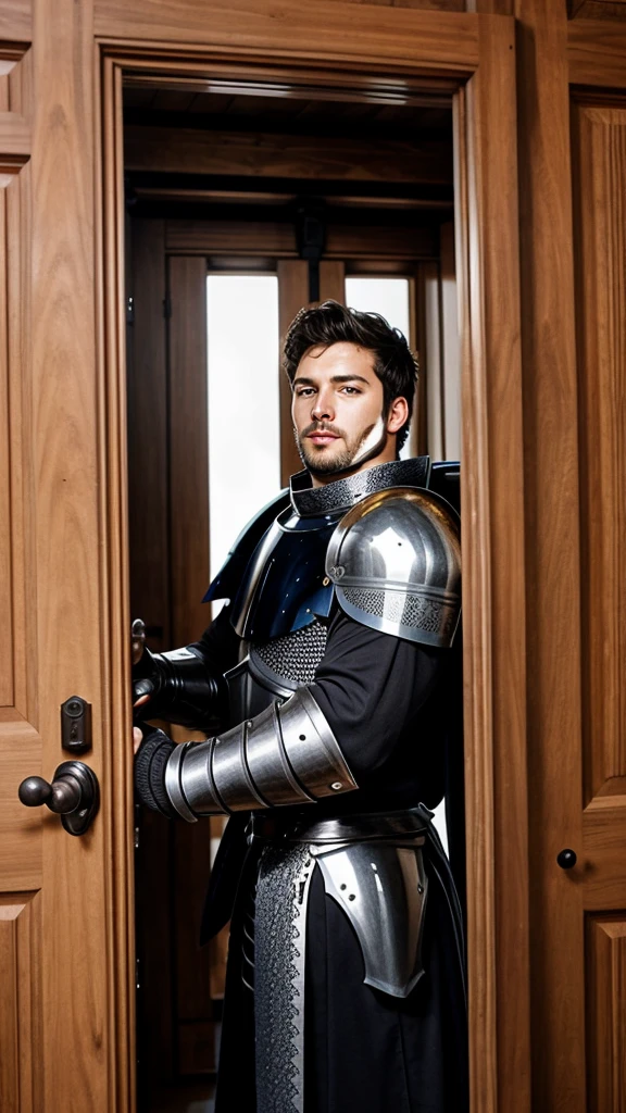 A sexy knight guardian a wooden door, handsome face,flowy black hair, , homoerotic, nsfw 