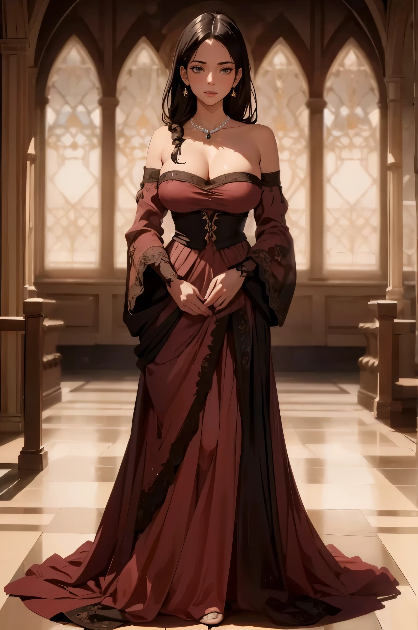 ((1girl, solo)), beautiful body, (perfect anatomy, perfect body, perfect hands, perfect legs), nice hands, natural proportions, sexy body, large breasts, standing, full body, own hands together BREAK
((extremely detailed face)), brown eyes, (beautiful detailed eyes:1.6), (realistic pupils, realistic iris:1), expressive eyes, ((looking at viewer)), (clear eyes:1.3), (hyperrealistic:1.2), (detailed skin texture:1.2), smooth skin, black hair, long hair, hair over shoulder, (detailed lips:1.2), (attractive lips:1.1), (glossy lips:1.1), (smile), perfect face, perfect eyes, earrings, pearl necklace BREAK
(masterpiece:1.5), anime-style, top quality, best quality, (beautiful and aesthetic:1.2), (ultra detail:1.5), Ultra-detailed depiction, Ultra-precise depiction, extremely detailed 8k illustration, high resolution, (highly detailed shading:1.2), (realistic lighting:1.4), perfect lighting, vibrant colors, dynamic tones, striking hues, 8k, absurd resolution, perfect shadows, hdr, UHD, ambient lighting, realistic, ultra-realistic, photo realistic, highly detailed, rich detail, luminous colors, fine texture, intricate design, professional illustration, (soft light:1.2), (illustration:0.7)