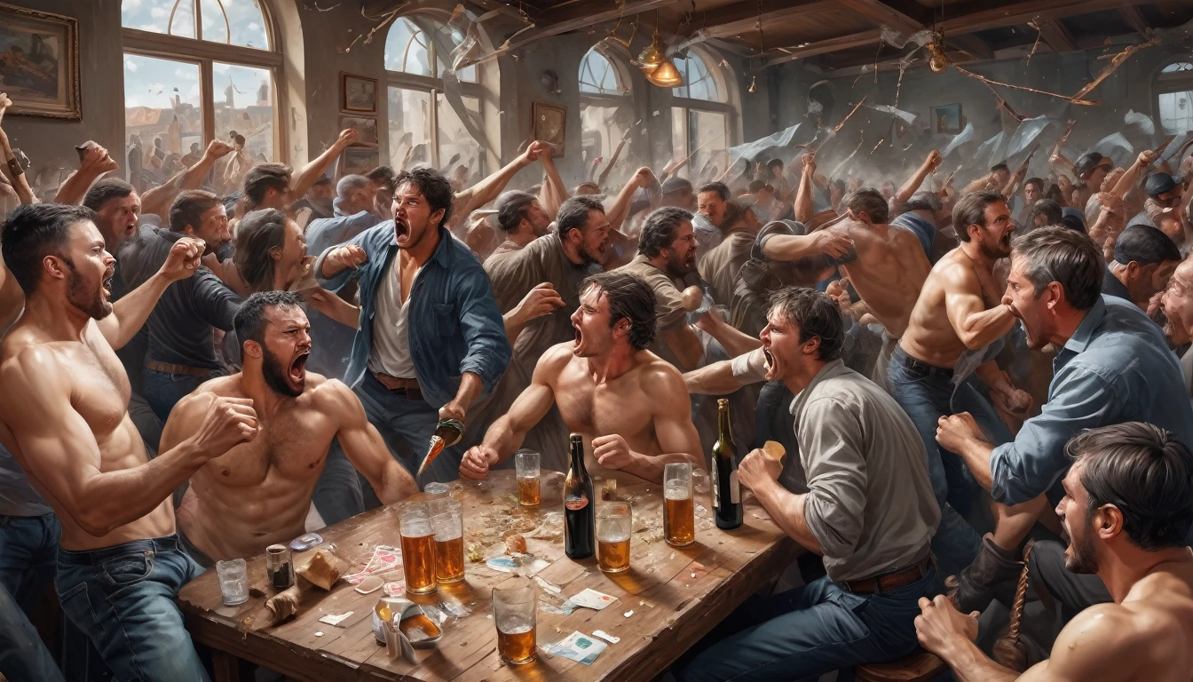 Drawing of people fighting and drinking, Chaotic scenario, discussion and confusion, 16K, rich in detail.