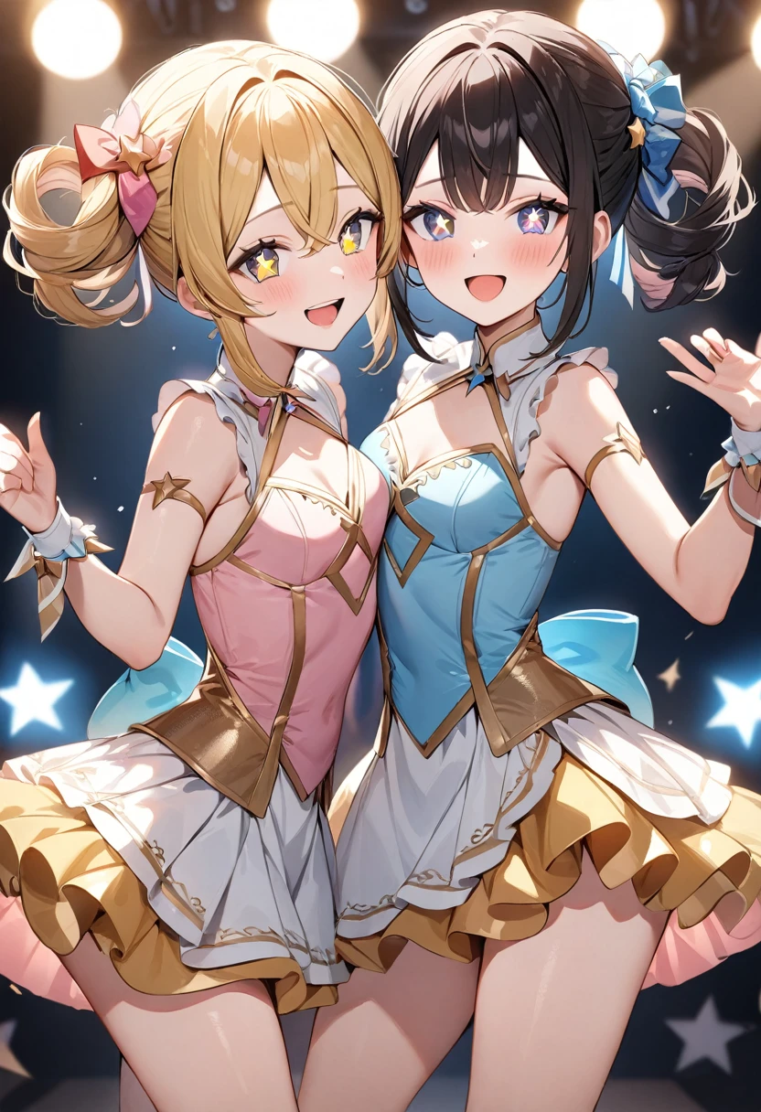 (masterpiece, top quality, very aesthetic, 4k、illustration), intricate detail, 2woman,contrapposto 、,(cowboy shot)、Dancing,(star-shaped pupils),Cute 、singing、Open mouth happy smile、Random Hairstyle、Random Hair Color、,middle hair,sidelock ,Random Color eyes、idol clothes、small breasts、Slim 、