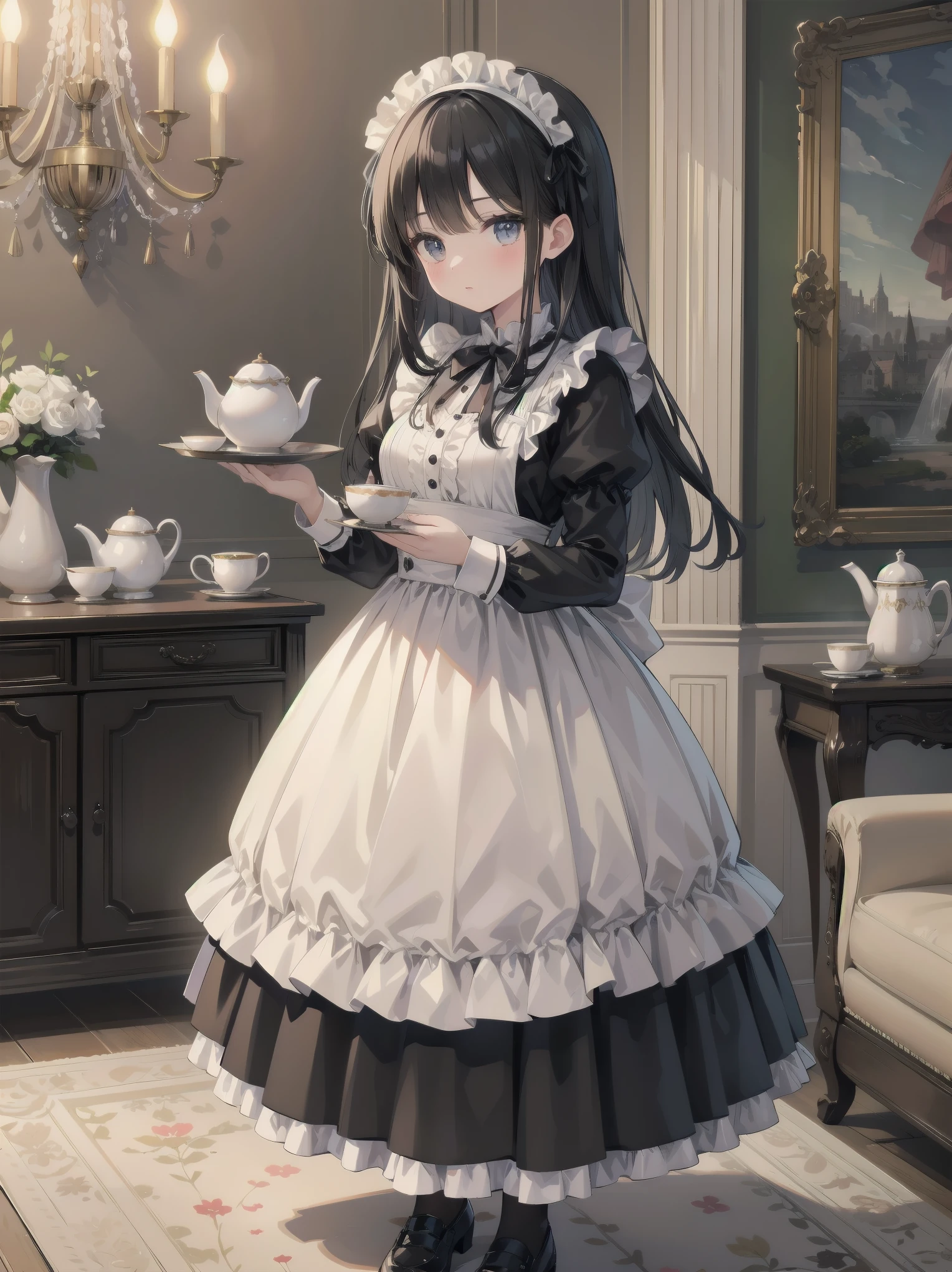 Illustration of a beautiful girl in a cute pose,(Masterpiece: 1.2), (Best quality: 1.2), A cute girl with long black hair, dressed in a classic black and white maid outfit with frilly lace and a matching headband, is standing in a beautifully decorated Victorian-style parlor. She is holding a silver tray with a teapot and teacup, her expression a mix of professionalism and warmth. The background includes ornate furniture, a chandelier, and large windows with heavy drapes, all bathed in soft afternoon light. This illustration emphasizes the elegant and welcoming atmosphere of a high-class tea service