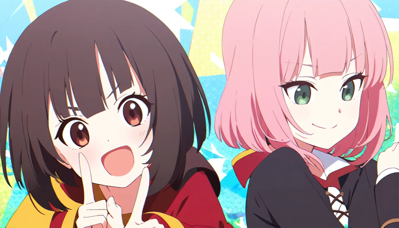 2Girl, 2female, Anime Styles, pink hair, black multicolored hair, short hair, Orange left eyes, Green right eyes, blushing, smile, Megumin Outfit, Illustration, HD, Peace pose, scoolroom background