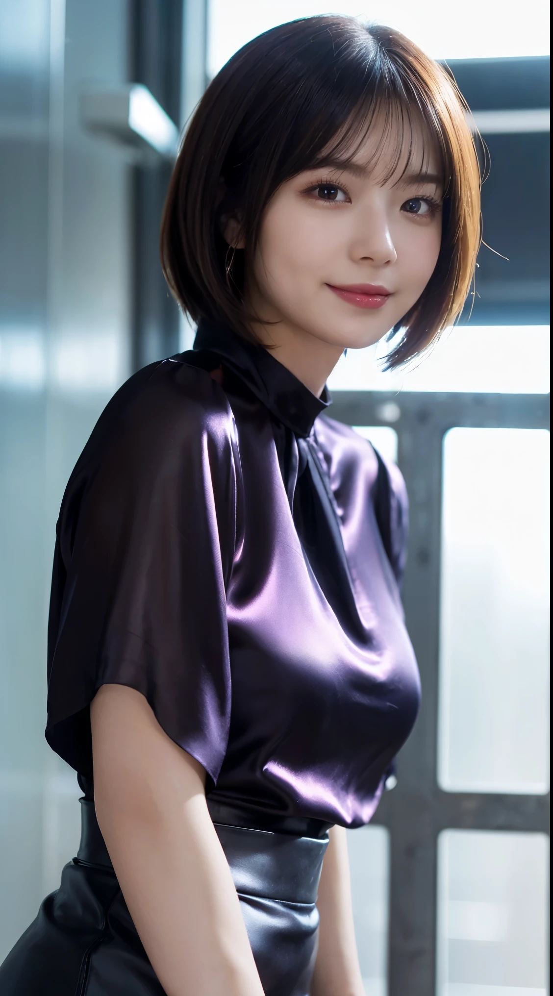 (Highest quality, masterpiece:1.3, Ultra-high resolution), (Very detailed, Caustics, 8k), (Realistic:1.4, RAW shooting), 1 girl, (Look at the camera with a smile), 20-year-old, OL、cute, Japanese, Gradient Hair Color, Wolf Bob Cut Hairstyle, Ponytail hairstyle, Natural lips, (Glossy Satin Blouse、Tight Skirt、Business Fashion, Ultra-realistic pantyhose), Modern place background, Knee Shot, ((Shooting from below))、Face Focus, Natural light, Backlight, (A bright light shines from above), (Lens flare), Professional Writing, Perfect body, Perfect Arms, Perfect Fingers, Perfect Legs, Perfect Hair, pores, Realistic skin texture, Perfect Teeth, (Low position), (Low Angle)