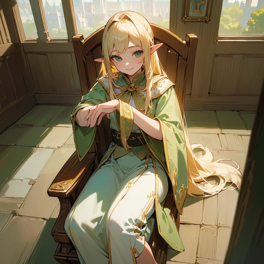 (((masterpiece, Highest quality, High resolution, Attention to detail)))), (((Fantasy))), ((Walled City)), ((Inside the inn)), (Sit in a chair and look out the window))), ((People coming and going in the city々)), One, Elf Woman, White short skirt with gold embroidery, Long straight blonde hair, Dark green eyes, Green surcoat with gold embroidery, smile,