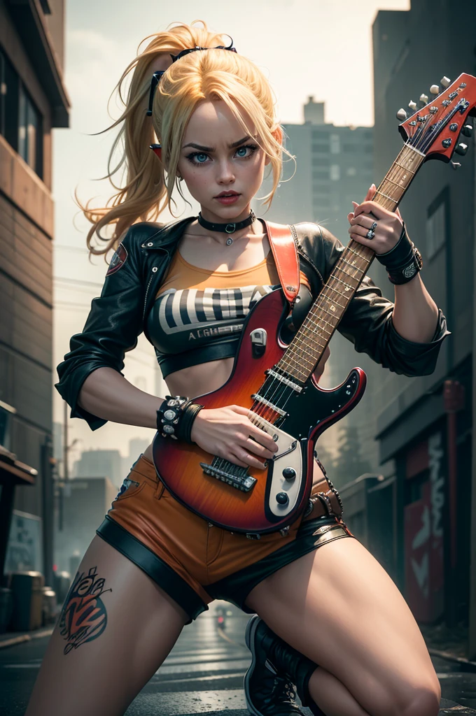 Create an hyper realistic image with HARLEY QUINN as a rocker with ORANGE leather SHORTS, Gigantic text "tali"! write in the background with a electric guitar in a action pose. Wind. Cinematic. Lightning. Rain. !Manual mode (M), shutter speed of 10-15 seconds, aperture f/2.8, ISO 200. dynamic pose, photo realistic, ultra-detailed, ultra realistic, hyper maximalist, super det