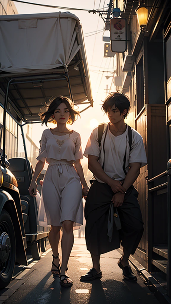 A Couple in an auto rickshaw, short clothes, sunny evening, hyperrealistic, detailed, cinematic lighting,