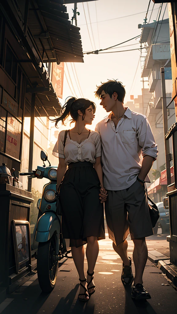 A Couple in an auto rickshaw, short clothes, sunny evening, hyperrealistic, detailed, cinematic lighting,