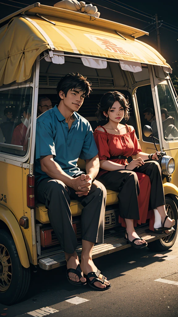 A Couple in an auto rickshaw, short clothes, sunny evening, hyperrealistic, detailed, cinematic lighting,