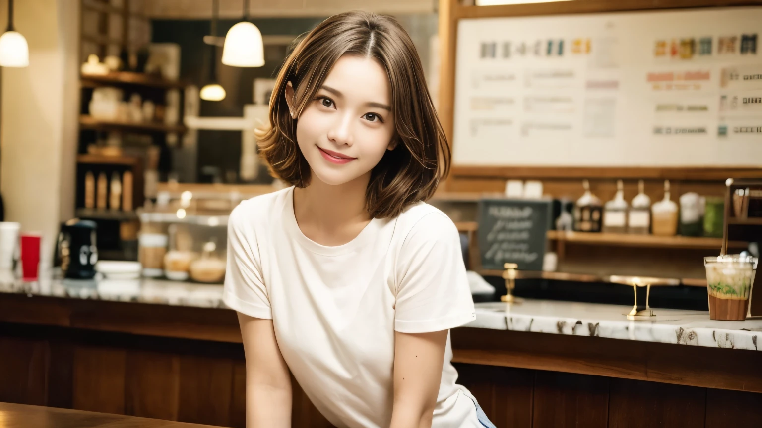 super high quality, smile, Slenderのネックレス, Slender, The staff is working at the counter in the back., (8k、RAW Photos、Highest quality、masterpiece:1.2), The cafe is crowded with people enjoying themselves., (Realistic、Photorealistic:1.37), Beautiful Face , Urban Cafe, Golden Ratio, Raw photo, Light Brown Hair, Small breasts, Bright cafe interior, Blurred Background, Famous actress, Summer clothes, Cafe Terrace, Open Cafe, Photographed inside the cafe, Hair blowing in the wind, Neat clothes, T-Shirts, 18-year-old, Cool older sister, 
