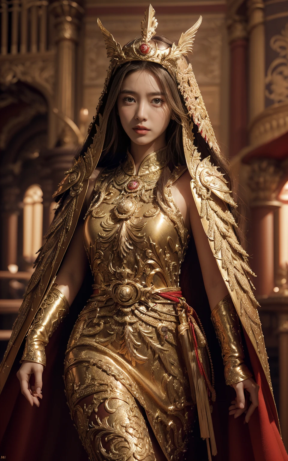 ((masterpiece))), ((best quality))), ((Extremely detailed)), (Surrealism),(Ultra-high resolution,High-resolution details) (Highly detailed CG illustrations), light, Practical, Very beautiful young lady,Sexy, Light makeup,, Complex details EABA, Red cape, spear