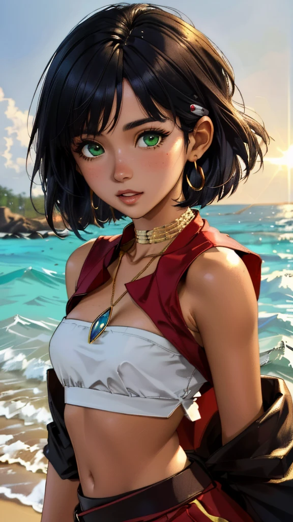 (best quality, masterpiece, colorful, dynamic angle, highest detailed, hyper realistic)(Nadia la Arwall), upper body professional photo, fashion photography of cute dark purple bob-cut hair, dark-skinned, girl ((Nadia la Arwall)), intense green eyes, gold triple neck ring, necklace, strapless, white tube top, red vest (high resolution textures), in dynamic pose, bokeh, (intricate details, hyperdetailed:1.15), detailed, sunlight passing through hair, (Caraibbian beach island background)(high contrast, official art, extreme detailed, highest detailed), 
