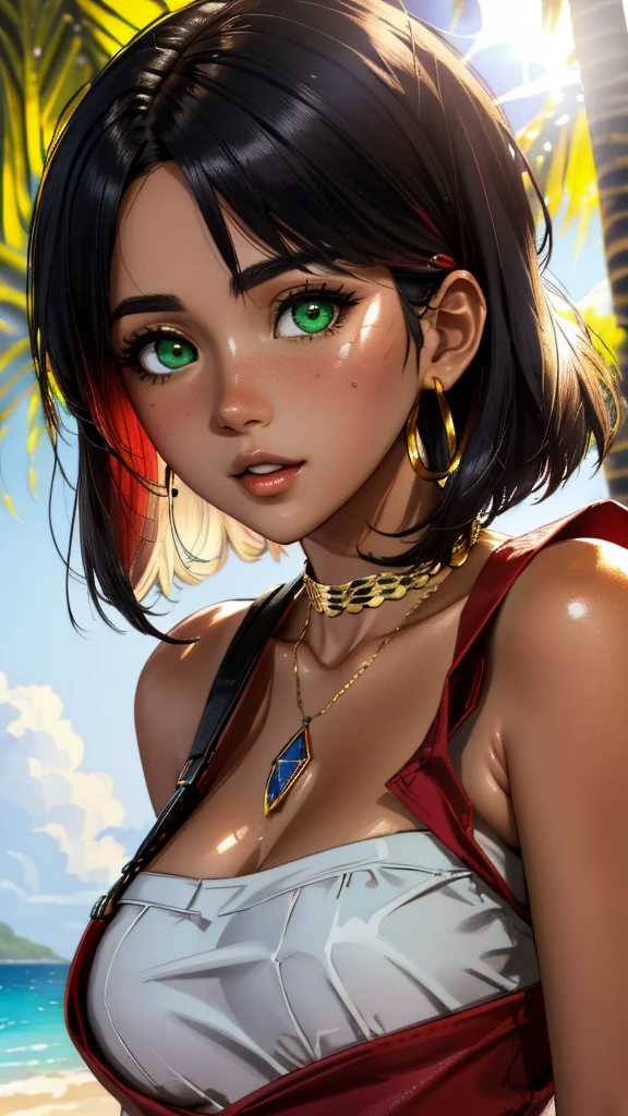 (best quality, masterpiece, colorful, dynamic angle, highest detailed, hyper realistic)(Nadia la Arwall), upper body professional photo, fashion photography of cute dark purple bob-cut hair, dark-skinned, girl ((Nadia la Arwall)), intense green eyes, gold triple neck ring, necklace, strapless, white tube top, red vest (high resolution textures), in dynamic pose, bokeh, (intricate details, hyperdetailed:1.15), detailed, sunlight passing through hair, (Caraibbian beach island background)(high contrast, official art, extreme detailed, highest detailed),
