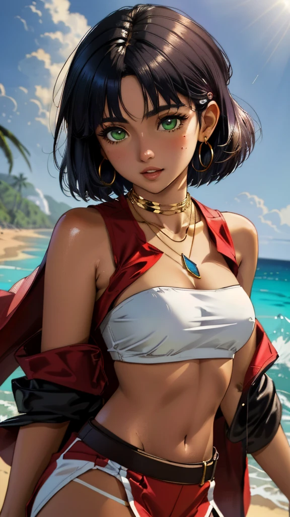 (best quality, masterpiece, colorful, dynamic angle, highest detailed, hyper realistic)(Nadia la Arwall), upper body professional photo, fashion photography of cute dark purple bob-cut hair, dark-skinned, girl ((Nadia la Arwall)), intense green eyes, gold triple neck ring, necklace, strapless, white tube top, red vest (high resolution textures), in dynamic pose, bokeh, (intricate details, hyperdetailed:1.15), detailed, sunlight passing through hair, (Caraibbian beach island background)(high contrast, official art, extreme detailed, highest detailed),