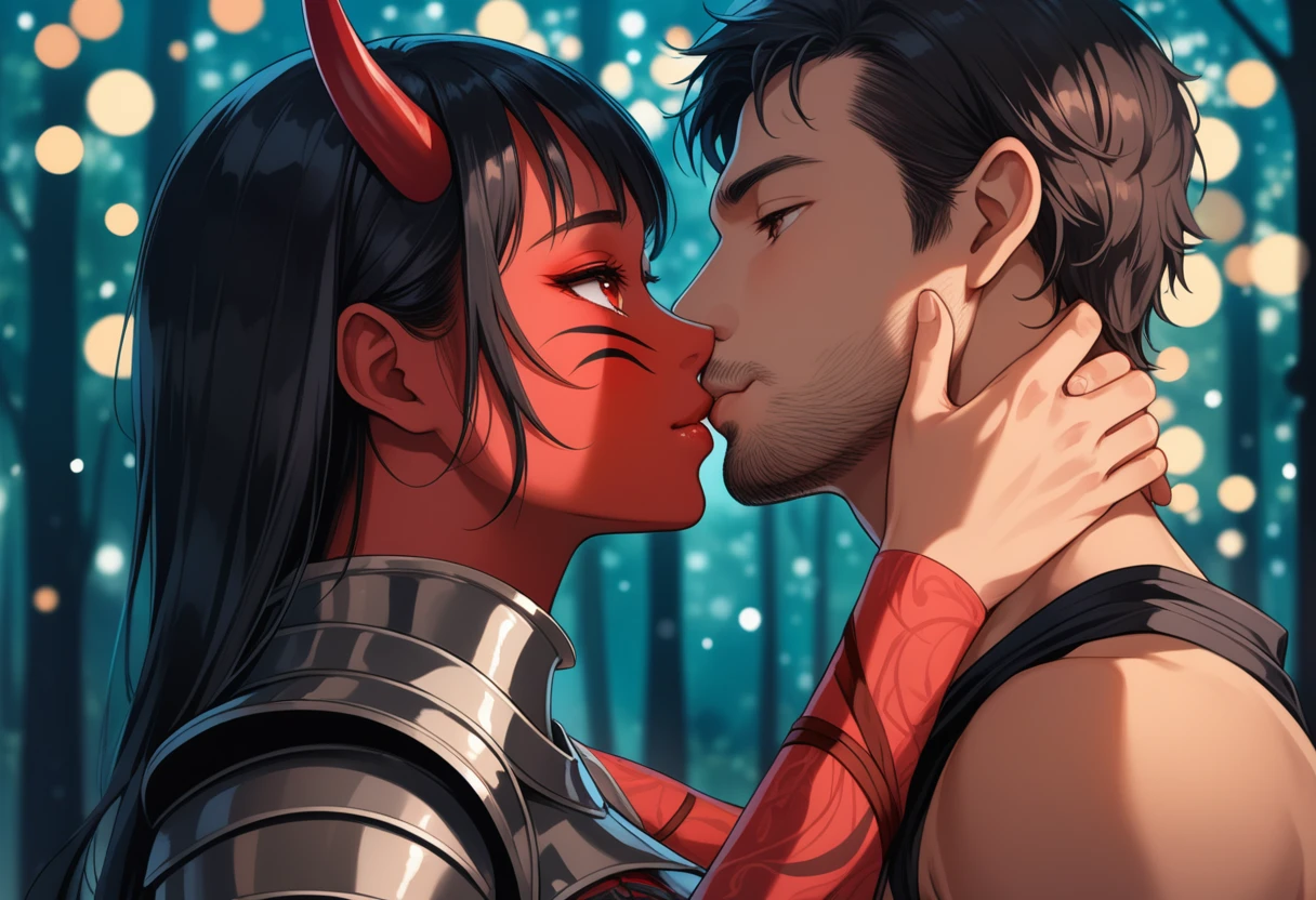 8K, RAW, best quality, masterpiece, ultra high res, colorful, portrait, (medium wide shot), (dynamic perspective), sharp focus , (depth of field, bokeh:1.3), extremely detailed eyes and face, beautiful detailed eyes,
couple, hugs, kiss, kissing, passion, love, moment, |
(1man, Human, Caucasian, human Knight, male in fullplate armor, muscular, stubble, short black hair, brown eyes:1.5), |
(1girl, Japanese, Oni, demon, girl with oni horns, girl with oni red skin, slander tail, wide samurai pants, geta footwear, black tight crop top, long black hair, red eyes, breasts bandage, medium breasts:1.5), |
near campfire, lean back to tree, looking at viewer, facing viewer, right side view, forest background, dark forest, night time