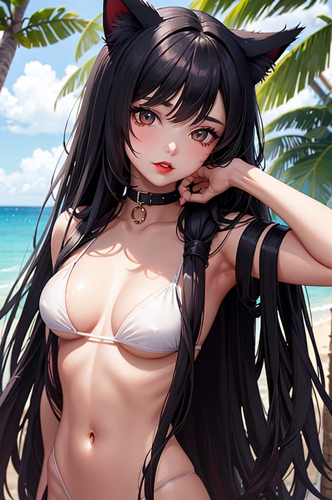 Detailed facial details,,1 girl,Red lips,Cat ear,Black long hair,Wearing a pure white bikini,Large Breasts,Slim,Collar,Radiant Skin,Standing on the beach,flower,Small Island,Dense forest,Rainforest