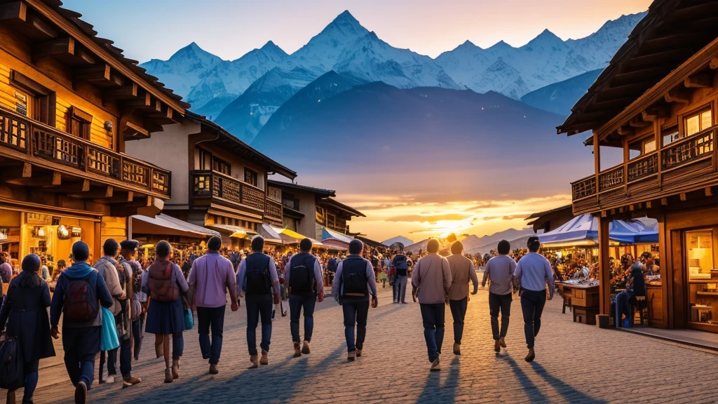 people walking around a market in the mountains at sunset, high quality image, by Werner Andermatt, night setting, summer night, trending, larapi, dusk setting, by Erwin Bowien, summer festival night, switzerland, trending photo, festival. scenic view at night, how pretty, best selling, alpes, by Hans Werner Schmidt, summer setting