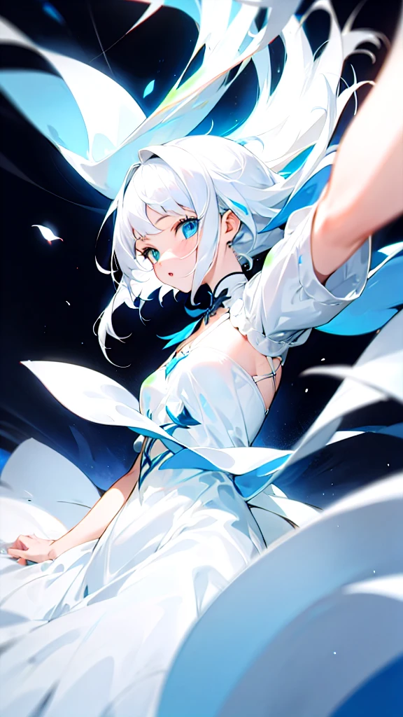 White-haired, blue-eyed girl in a white dress Best quality 1:2