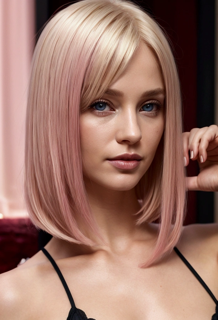 sexy 32-year-old french woman with blond hair, dark pink-dyed hair tips, long bob haircut. Blueneyes. Best quality, photorealistic,