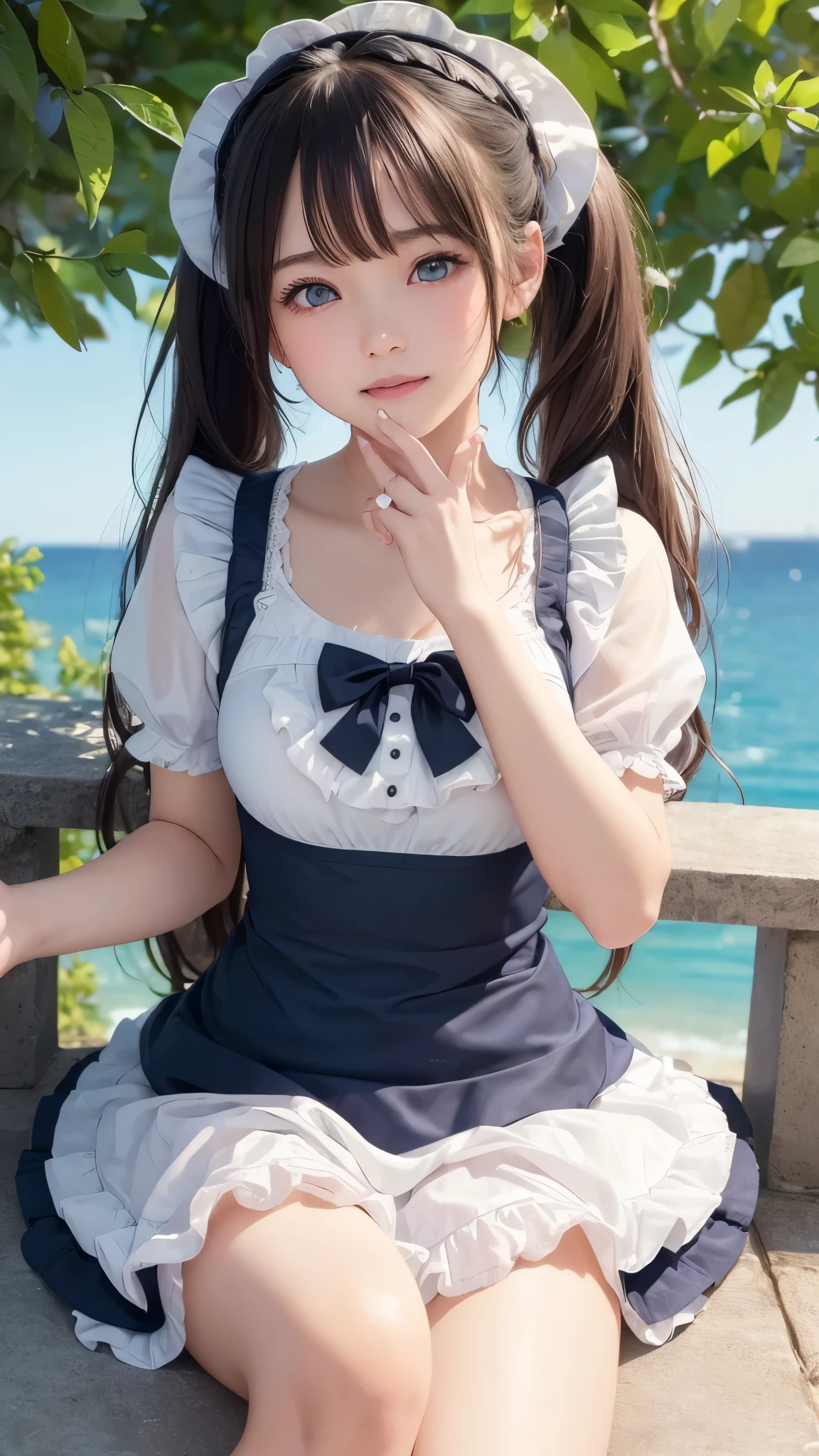 ((masterpiece)), ((highest quality、Ultra high definition)), (Very detailed),8K、Photo quality、((Amazingly cute girl)),)), Two people, , (Beautiful emerald blue eyes), ((smile)),In the open-air bath overlooking the sea, Beautifully arranged black hair in twin tails、スリムボディー、(((Cute lolita maid stylimsuit)))、Professional Lighting、(White lace knee-highore detailed and beautiful)、(More details and cutenesore realistic)、((Just wear light clothing))、プールではしゃぐ、