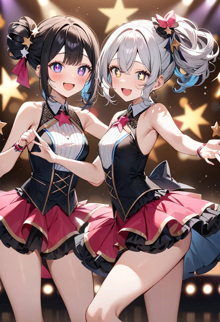 (masterpiece, top quality, very aesthetic, 4k、illustration), intricate detail, 2woman,contrapposto 、,(cowboy shot)、Dancing,(star-shaped pupils),Cute 、singing、Open mouth happy smile、Random Hairstyle、Random Hair Color、,middle hair,sidelock ,Random Color eyes、idol clothes、small breasts、Slim 、