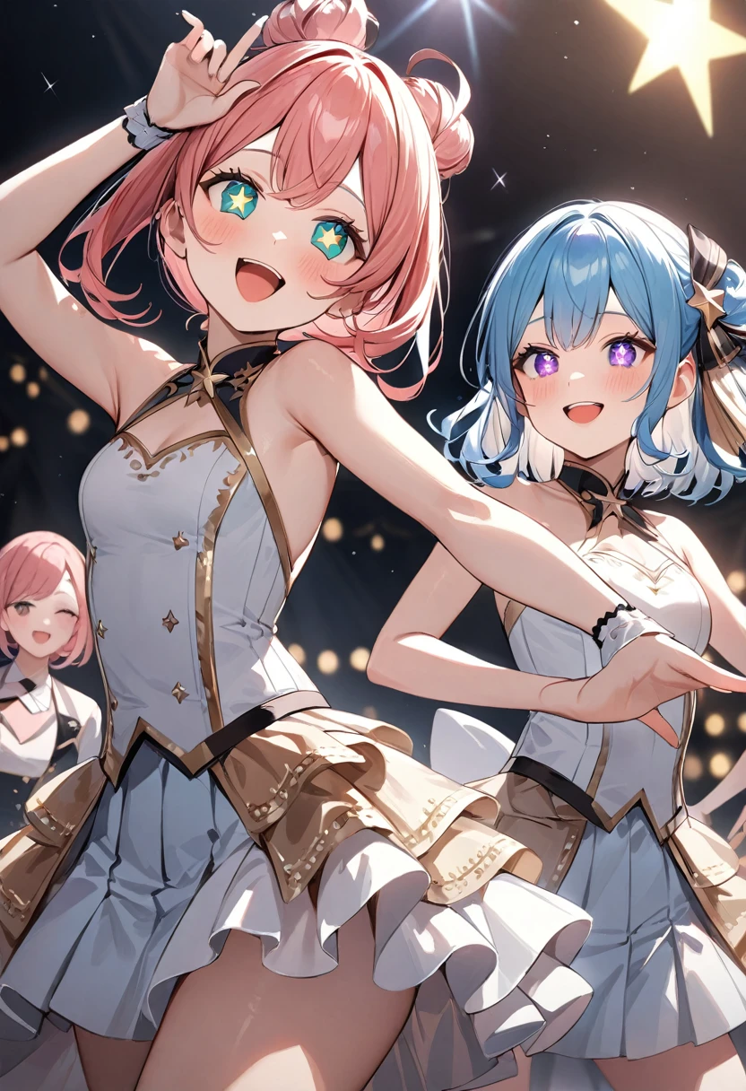 (masterpiece, top quality, very aesthetic, 4k、illustration), intricate detail, 2woman,contrapposto 、,(cowboy shot)、Dancing,(star-shaped pupils),Cute 、singing、Open mouth happy smile、Random Hairstyle、Random Hair Color、,middle hair,sidelock ,Random Color　eyes、idol clothes、small breasts、Slim 、