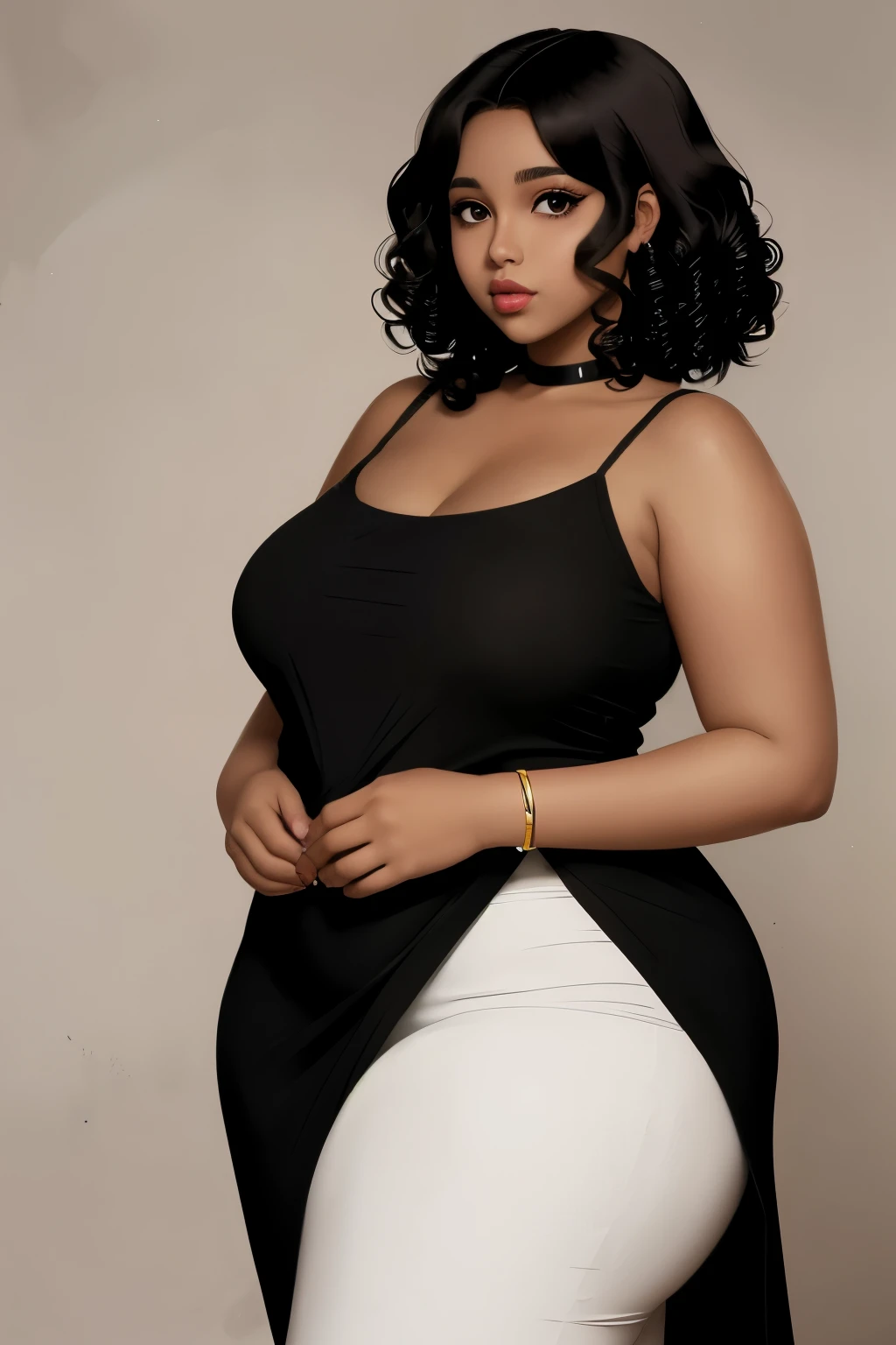 Anime illustration of dark brown skin latina girl, 25 year old, plus size, curvy, overweight, dark brown eyes, black curly hair, big lips, anime, sleek design, side parted hairstyle, almond shaped eyes, long eyelashes