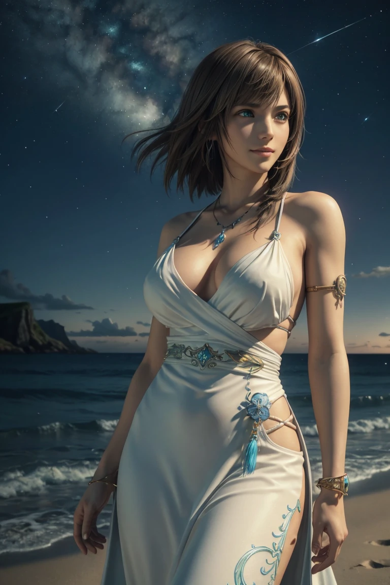 The best one,Yuna,Final Fantasy 10,FF10,Medium Hair,Brown hair,Let your bangs down,Beautiful green and blue odd eyes,,Beautiful and tall nose,Photorealistic,Ultra HD,high quality,masterpiece,Digital SLR,Detailed details,Intricate details,Anatomical basis,Depicted in detail,A detailed face,Realistic skin texture,Vivid details,Perfect Anatomy,Perfect Anatomy,Anatomically correct hand,Anatomically correct fingers,Super Detail,Complex 3D rendering,Huge ,Sexy pose,Final Fantasy 10の美しい世界,White long dress,Beautiful night sky,A beach with a beautiful starry sky,Fantastic beaches,Fantasy worldview,Picturesque,Pink Lips,smile,