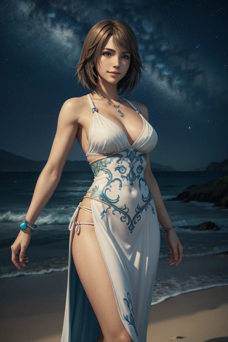 The best one,Yuna,Final Fantasy 10,FF10,Medium Hair,Brown hair,Let your bangs down,Beautiful green and blue odd eyes,,Beautiful and tall nose,Photorealistic,Ultra HD,high quality,masterpiece,Digital SLR,Detailed details,Intricate details,Anatomical basis,Depicted in detail,A detailed face,Realistic skin texture,Vivid details,Perfect Anatomy,Perfect Anatomy,Anatomically correct hand,Anatomically correct fingers,Super Detail,Complex 3D rendering,Huge ,Sexy pose,Final Fantasy 10の美しい世界,White long dress,Beautiful night sky,A beach with a beautiful starry sky,Fantastic beaches,Fantasy worldview,Picturesque,Pink Lips,smile,