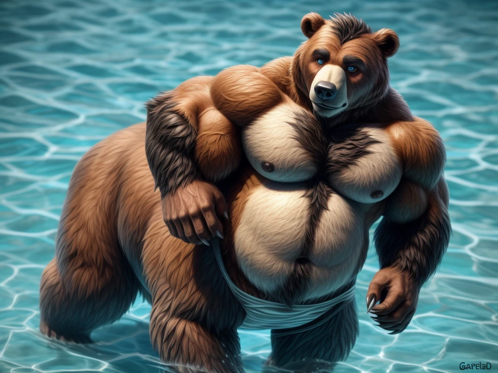 furry, fur taur, beartaur, middle-age, solo,1man, detailed face, bear ears, bear eyes(brown), bear nose(black), bear mouth, garibaldi beard(grey), hair, mature hair(grey), detailed arm, thick arm, forearm hair, muscular, thick hands(5 fingers), thick claws, detailed body belly, thick body, muscle belly(white), thick chest, chest hair(white), nipples, detailed taur body, thick taur body, waist hair, thick bear paws, bear paws hair, thick bear claws, thick bear tail, full body shot, swim in the pool