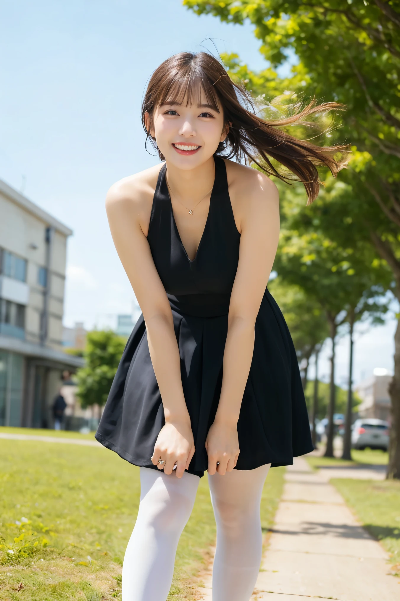 (((8k、High resolution、Highest quality、High resolution)))alone、Natural body shape、Crouch down、White skin、Natural Makeup、Halter neck dress、(Super realistic black pantyhose:1.3), Skirt and thighs、High heels、(Full Body Shot), Grin, Beautiful mature woman, pastel colour、Random Color、Shooting from below、love affair、delight、Get excited、happiness、love、Love love、field、(Strong winds:1.3),