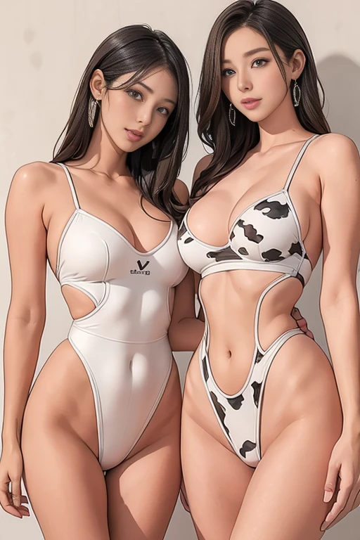 (highest quality, masterpiece:), ultra-high resolution, two women in swimsuits standing side by side, Wet swimsuit, Japanese model, young and beautiful gravure idol, tight, wearing a random lingerie, high leg, large breasts, bangs, wavy long hair, earrings, beauty, victory smile, cow print one piece swimsuit, (cow print competitive swimsuit), mature woman, please face forward and look at the camera、