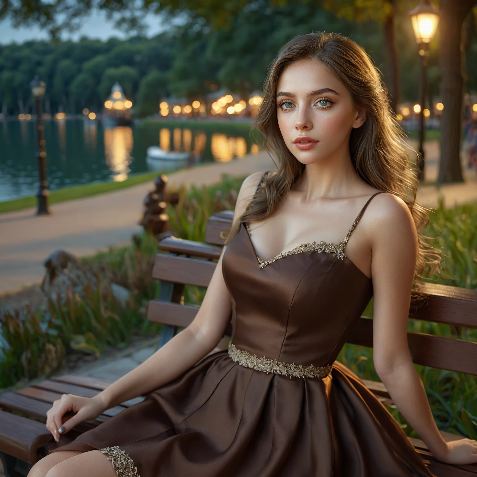 1girl, (American woman face:1.4), (beautiful detailed eyes:1.5), (beautiful detailed lips:1.26), (extremely detailed face and portrait:1.3), (elegant brown dress:1.3), sitting on park bench, lakeside background, photorealistic, (cinematic lighting:1.12), warm color tones, intricate details, masterpiece, highly detailed, realistic, 8k, award winning photograph