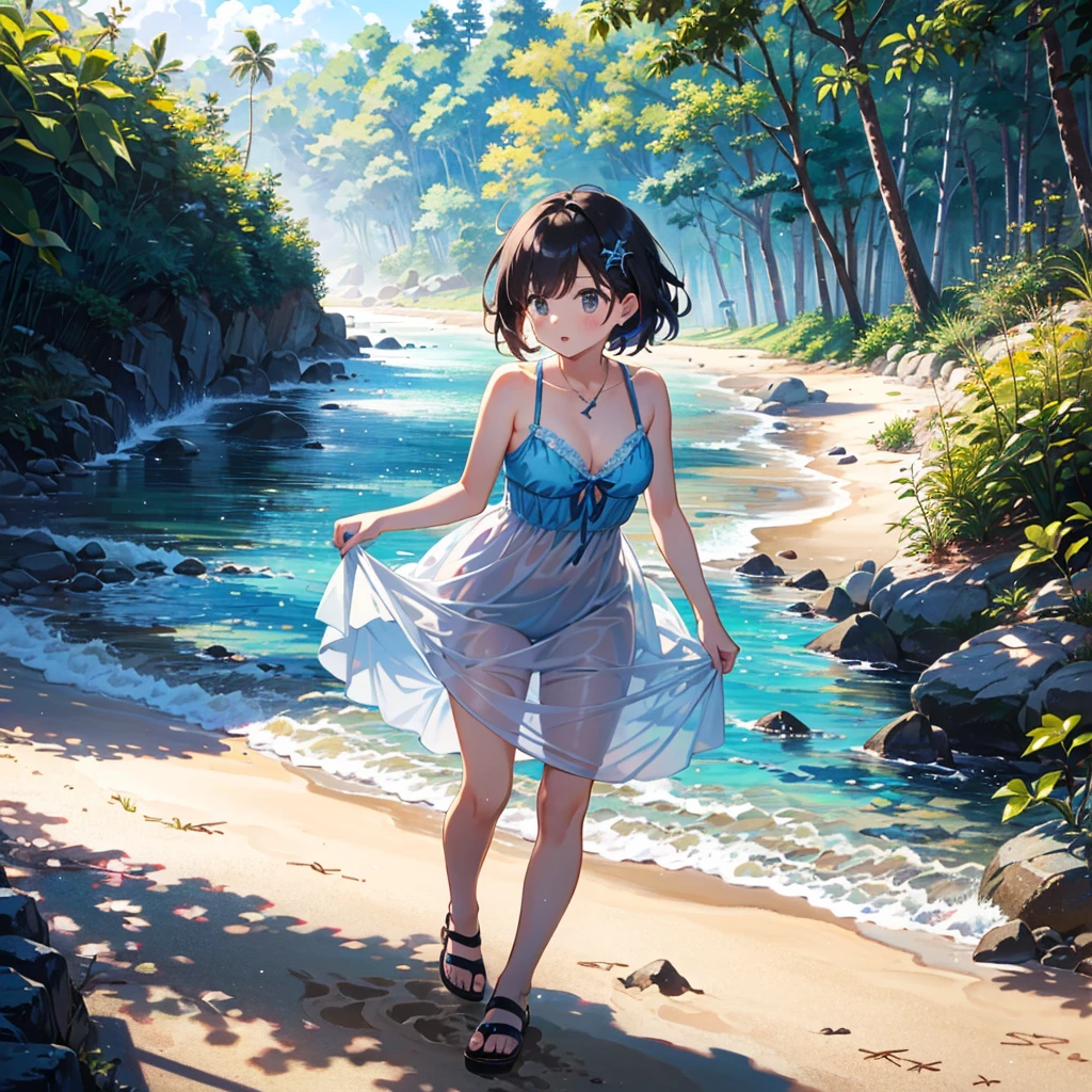 {{{Masterpiece, highest quality, high resolution background}}}, bright and beautiful atmosphere, 3 girls (2 , 1 short-tempered round face), 1  (hair, surface effects), small breasts, changing clothes under a tree , {{{(((Girl taking off her dress)))}}}, Swimsuit under the dress, plastic bag on her feet, wearing sea sandals,, Sandy beach, "deltamon_sdXL :0.73) >Deltamon"