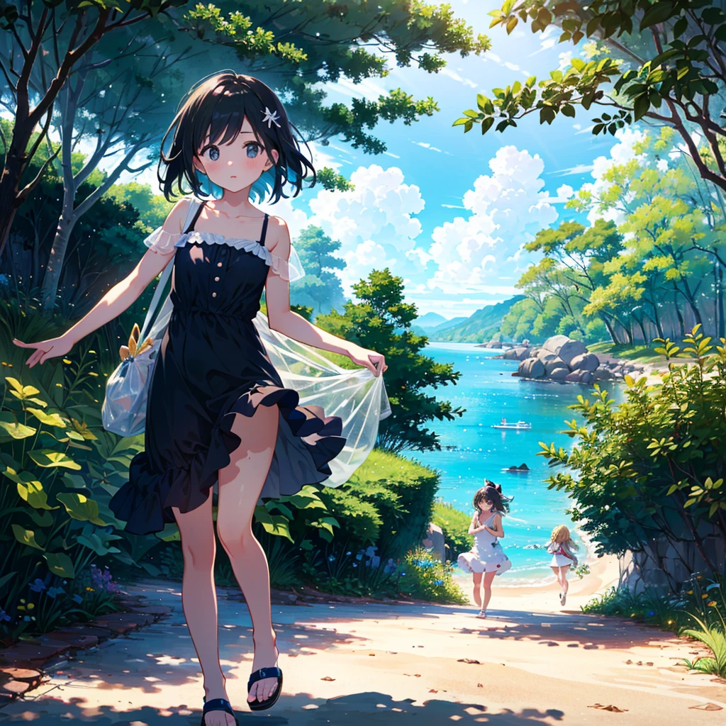 {{{Masterpiece, highest quality, high resolution background}}}, bright and beautiful atmosphere, 3 girls (2 years old, 1 short-tempered round face), 1 (hair, surface effects), small breasts, changing clothes under a tree , {{{(((Girl taking off her dress)))}}}, Swimsuit under the dress, plastic bag on her feet, wearing sea sandals,, Sandy beach, "deltamon_sdXL :0.73) >Deltamon"