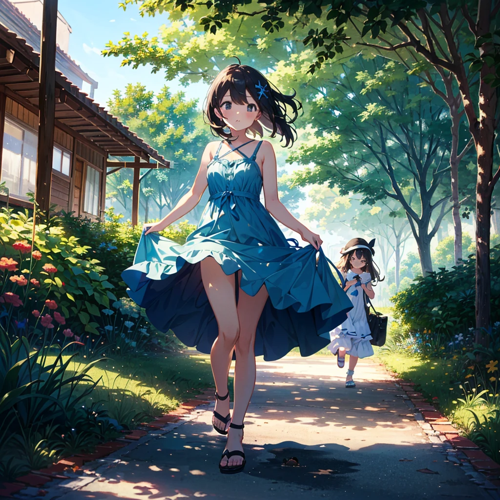 {{{Masterpiece, highest quality, high resolution background}}}, bright and beautiful atmosphere, 3 girls (2 years old, 1 short-tempered round face), 1 (hair, surface effects), small breasts, changing clothes under a tree , {{{(((Girl taking off her dress)))}}}, Swimsuit under the dress, plastic bag on her feet, wearing sea sandals,, Sandy beach, "deltamon_sdXL :0.73) >Deltamon"
