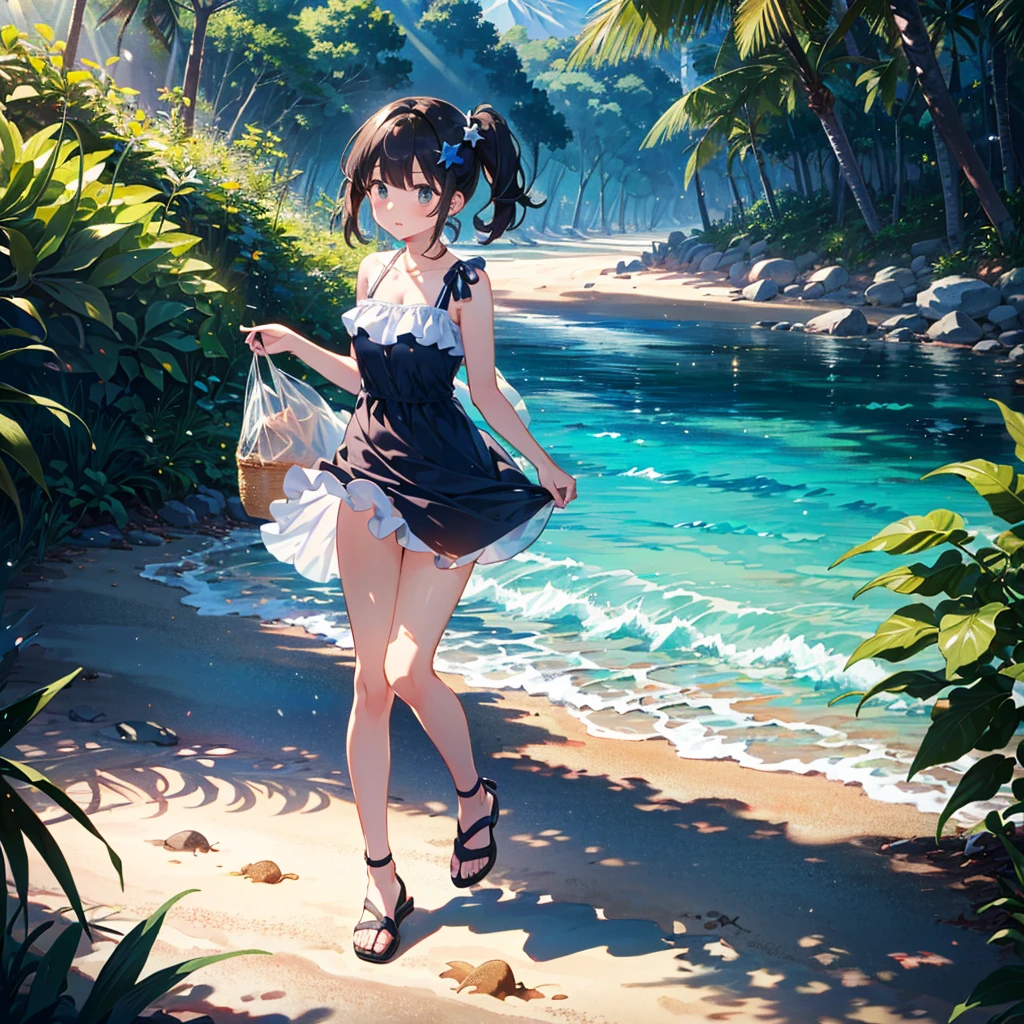{{{Masterpiece, highest quality, high resolution background}}}, bright and beautiful atmosphere, 3 girls (2 years old, 1 short-tempered round face), 1  (hair, surface effects), small breasts, changing clothes under a tree , {{{(((Girl taking off her dress)))}}}, Swimsuit under the dress, plastic bag on her feet, wearing sea sandals,, Sandy beach, "deltamon_sdXL :0.73) >Deltamon"