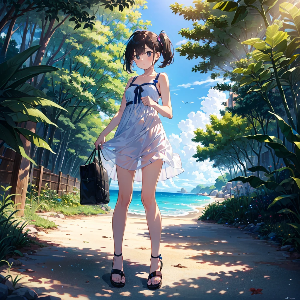 {{{Masterpiece, highest quality, high resolution background}}}, bright and beautiful atmosphere, 3 girls (2 years old, 1 short-tempered round face), 1 (hair, surface effects), small breasts, changing clothes under a tree , {{{(((Girl taking off her dress)))}}}, Swimsuit under the dress, plastic bag on her feet, wearing sea sandals,, Sandy beach, "deltamon_sdXL :0.73) >Deltamon"