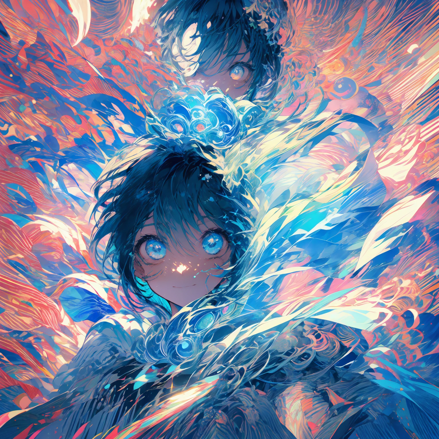 solitary, 1boy, boy,boy雕塑, best quality, Extremely detailed, Light, Intricate details, high resolution, Official Art, Delicate face and eyes, high resolution插图, 8K, dark, Strong shadows, Overexposure,((space)),boy们, universe, Light blue hair, Gradient hair, White Dress, , Long Teng flowing sweatshirt long sleeve, Detailed clouds, Gradient sky, Light blue eyes, Blue sky, Smile, Upper Body,boy