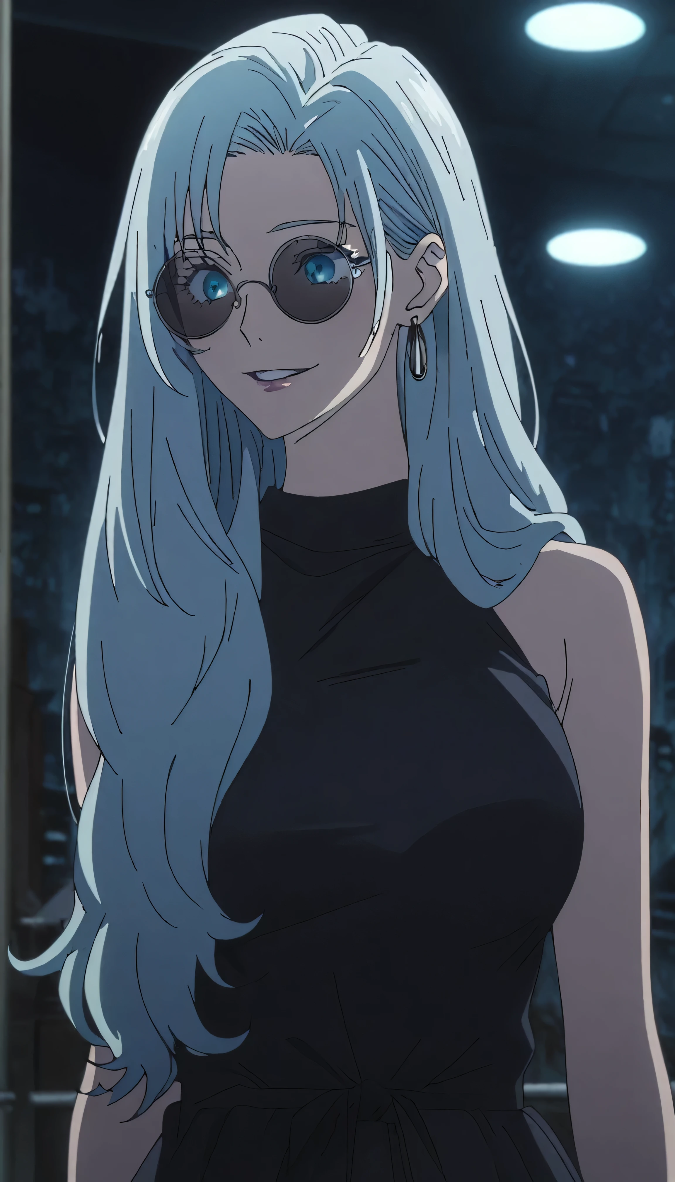 1girl, female gojo satoru, anime screencap from jujutsu kaisen, gojo satoru female version, solo, long_hair, ((Blue eyes, round sunglasses)) ((Silver_hair, hair over ear from one side))((slicked hair)) , night view, (hanging breasts) upper_body, smile, indoors, parted lips, (long hair) ((wearing black dress, glossy)) breast, "very detailed and high resolution" (Blue eyes, round sunglasses) ((solo)) (((front view))) (earings) ((high resolution)) ((good quality)) ((silky hair, hair over ear from one side))((hair slicked)) ((parted lips)) ((full body))