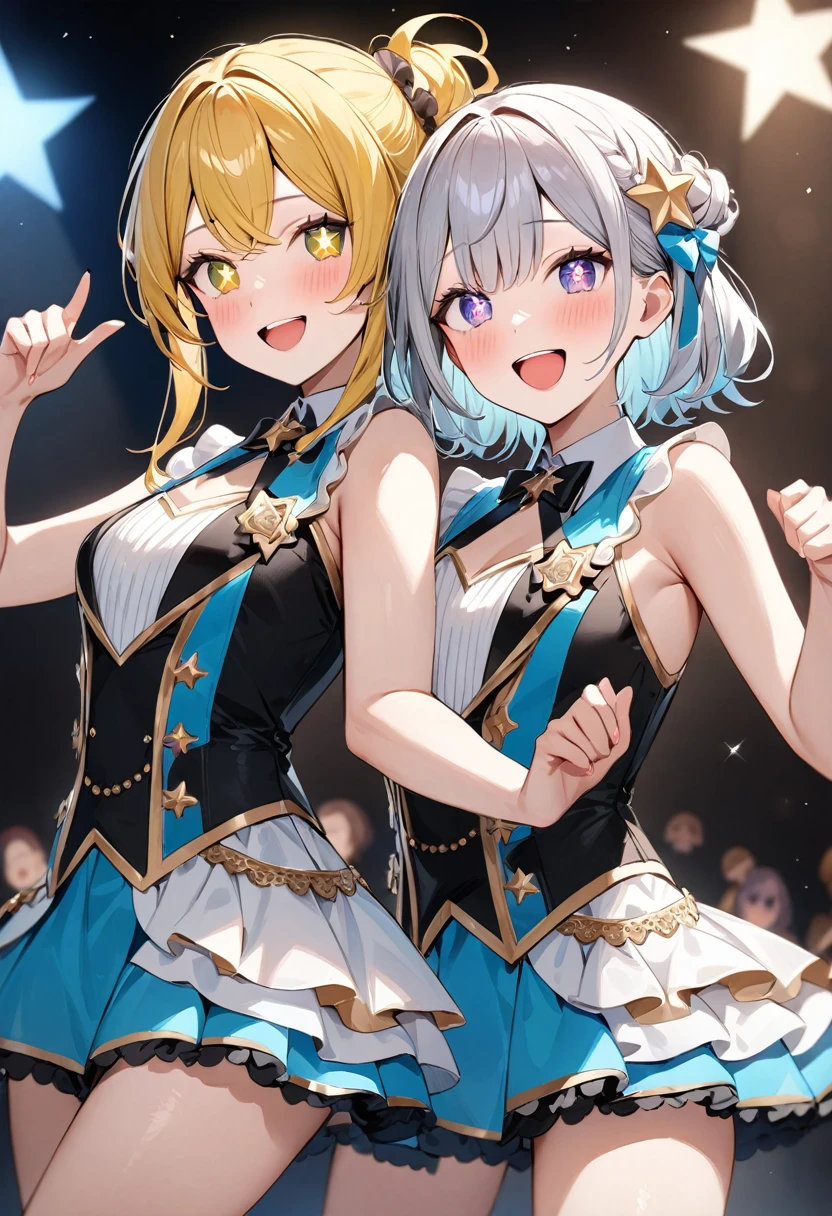 (masterpiece, top quality, very aesthetic, 4k、illustration), intricate detail, 2woman,contrapposto 、,(cowboy shot)、Dancing,(star-shaped pupils),Cute 、singing、Open mouth happy smile、Random Hairstyle、Random Hair Color、,middle hair,sidelock ,Random Color　eyes、idol clothes、small breasts、Slim 、