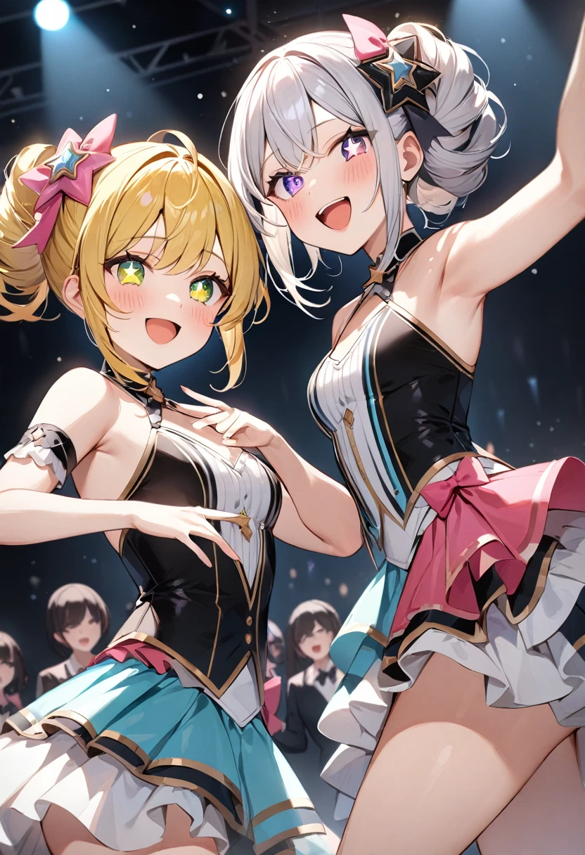 (masterpiece, top quality, very aesthetic, 4k、illustration), intricate detail, 2woman,contrapposto 、,(cowboy shot)、Dancing,(star-shaped pupils),Cute 、singing、Open mouth happy smile、Random Hairstyle、Random Hair Color、,middle hair,sidelock ,Random Color eyes、idol clothes、small breasts、Slim 、