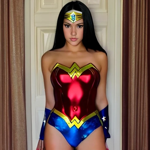 Wonder Woman costume, ager, cool handsome young man, erect, red face, embarrassed