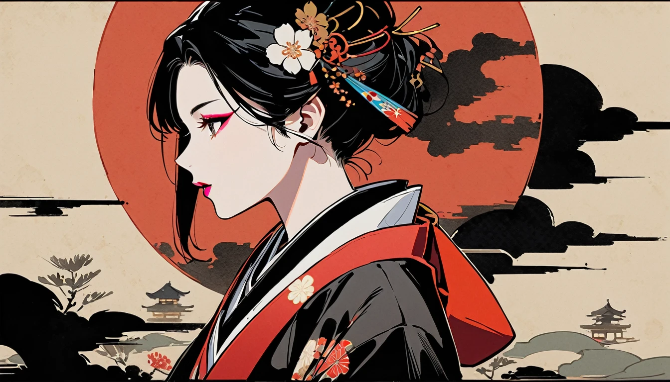 (((Ink Painting))), (((1 girl))), (((Flashy makeup))), (((Japan人女性))), (((warrior))), (((顔の前でJapan刀を持つ))), Black Hair, Delicate and precise, Modern ukiyo-e style,Japan, Japanese flag