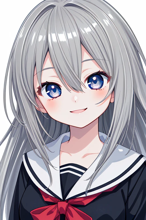 solo, High resolution, Long Hair, Gaze, smile, Bangs between the eyes, Highest quality, masterpiece, detail, High-resolution model, Ultra high definition, Gray Hair, The best smile, Simple Background, girl, high school girl, anime風, anime, cute, Shiny Hair, Cool face, Beautiful eyes, Widescreen, Overlooking, Wide-angle shot, In town