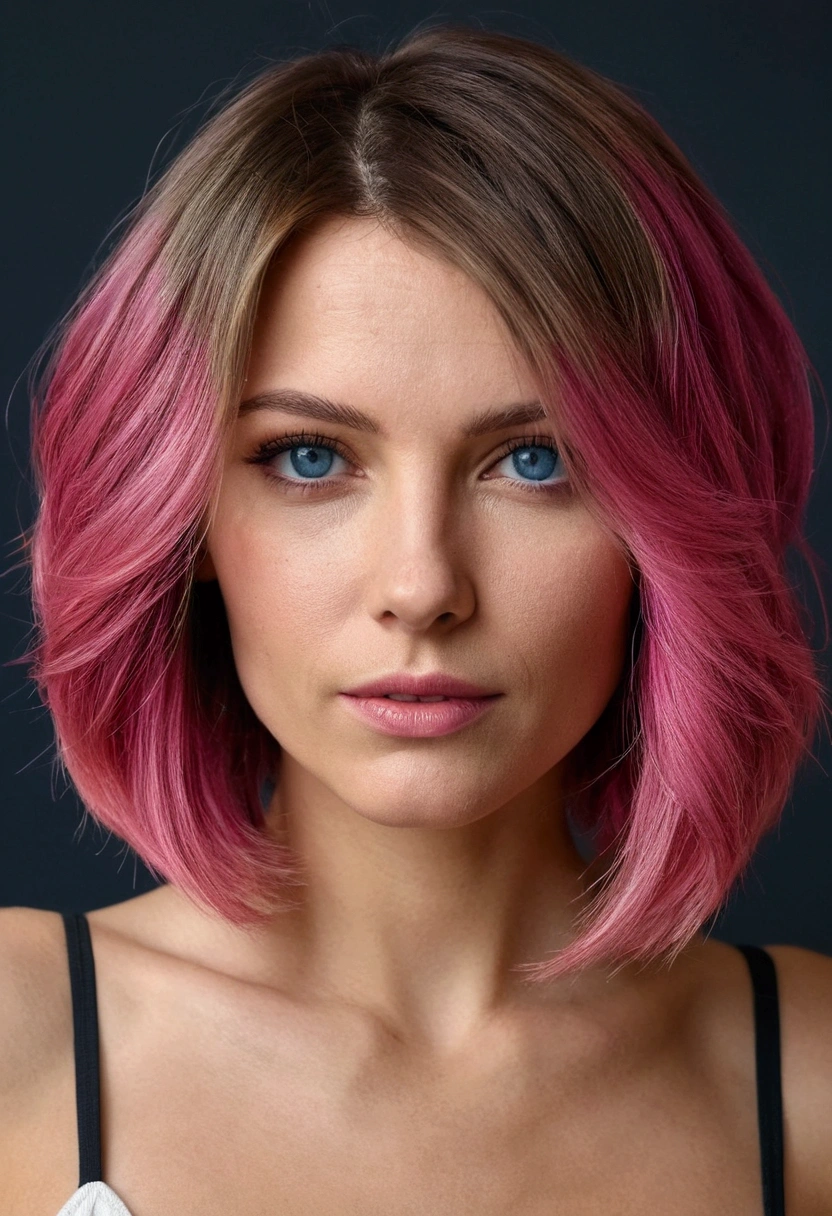 sexy 32-year-old french woman with dark blond hair, dark pink-dyed hair tips, long bob haircut. Blueneyes. Best quality, photorealistic,