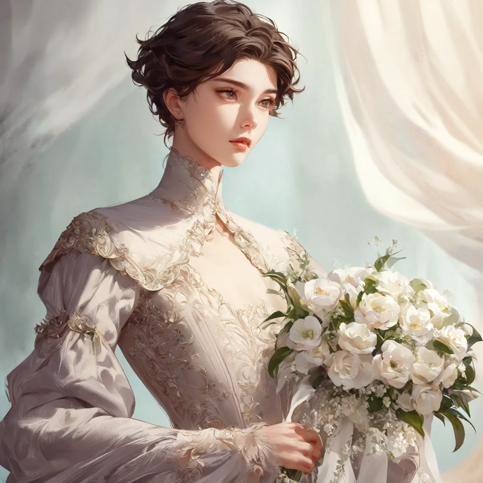 there is a woman in a dress holding a bouquet of flowers, digital art of an elegant, elegant digital painting, delicate androgynous prince, beautiful androgynous prince, in the art style of bowater, artwork in the style of guweiz, romanticism art style, beautiful digital illustration, exquisite digital illustration, elegant portrait, stunning digital illustration