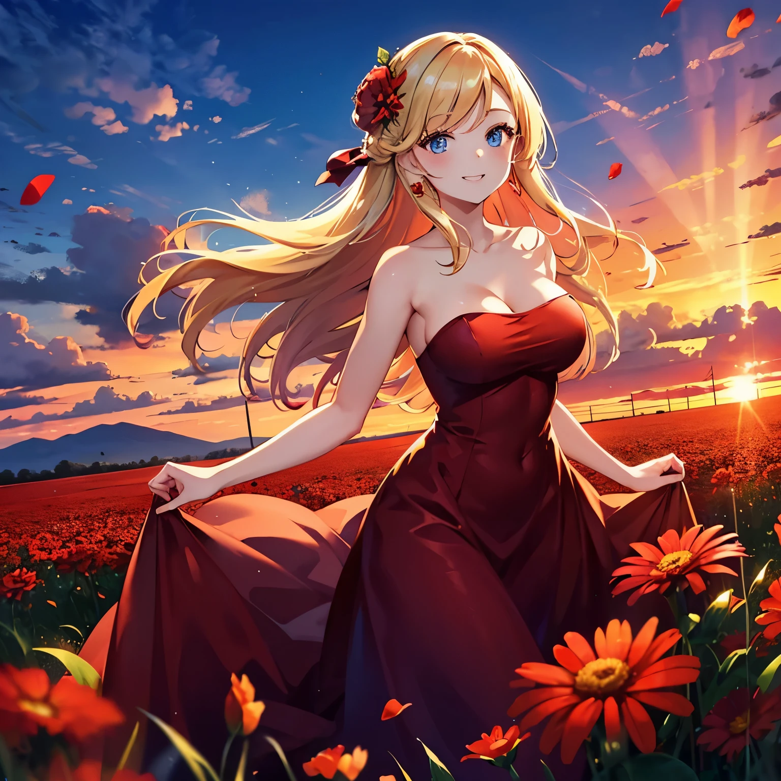 A woman, large breasts, beautiful strapless red dress, red flower pin, sunset, shoulders, outside, flower field, smile, blond hair, blue eyes.